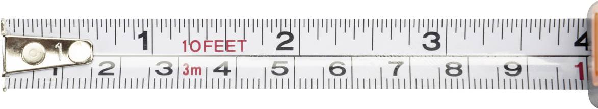 Ein Maßband zeigt eine Länge von '10 FEET' oben und '3m' unten.