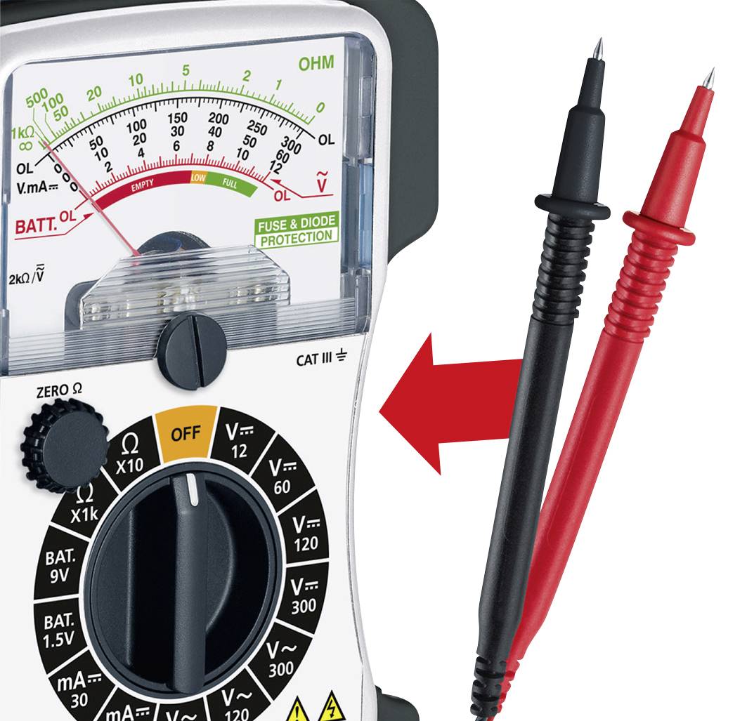 Analoges Multimeter zeigt Spannung, Widerstand und Stromstärke auf der Skala. Zwei Prüfkabel, rot und schwarz, sind rechts abgebildet.