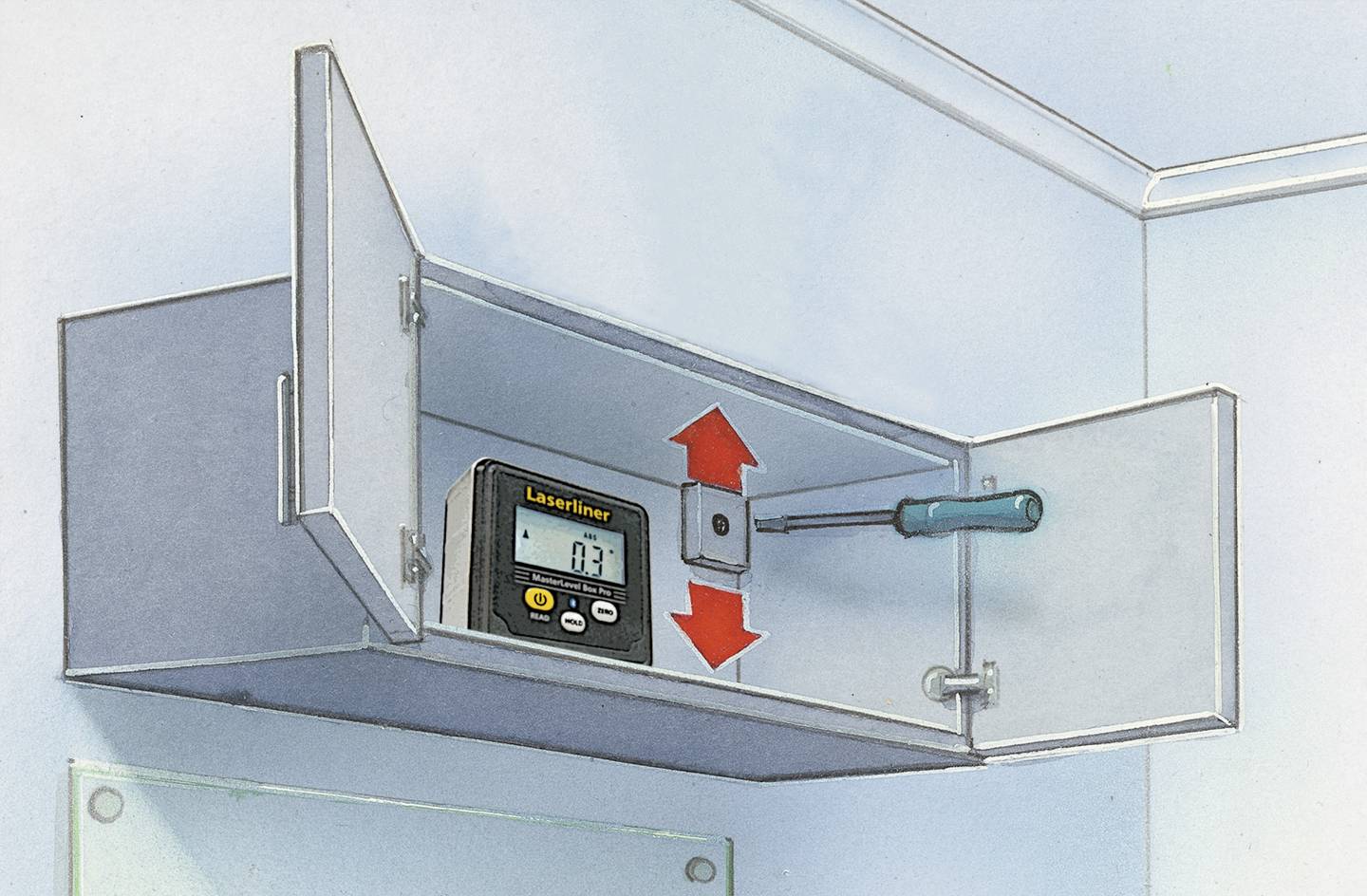 Ein digitales Messgerät und ein Schraubendreher sind in einem geöffneten Schrank mit Türen und einer Wandhalterung sichtbar.