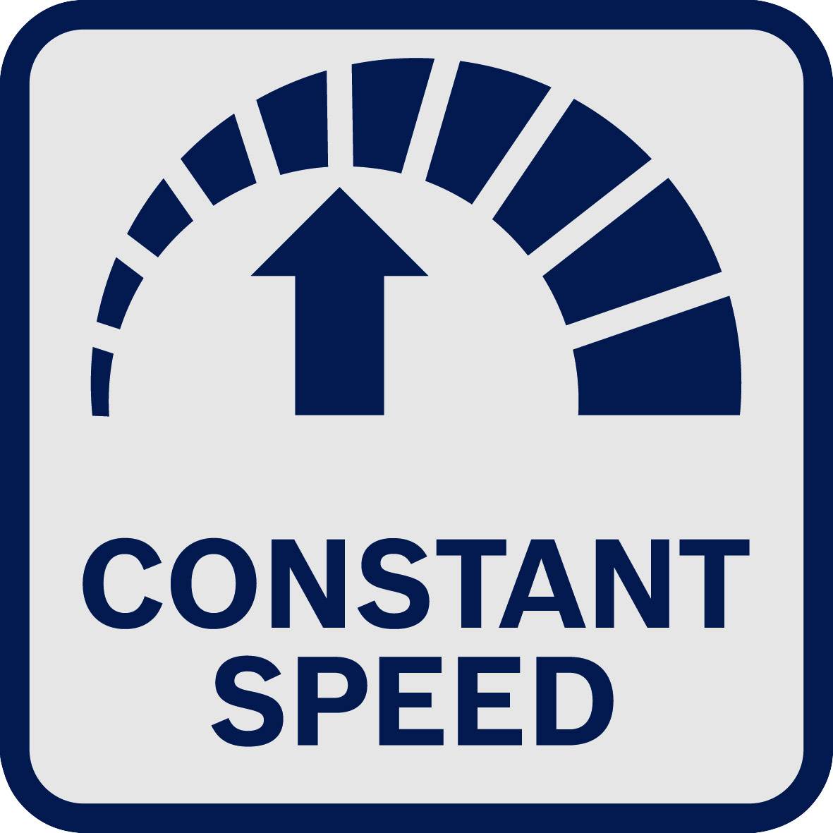 Ein Schild mit einem Pfeil nach oben und Teil eines Tachometers. Darunter der Text 'CONSTANT SPEED', was konstante Geschwindigkeit bedeutet.