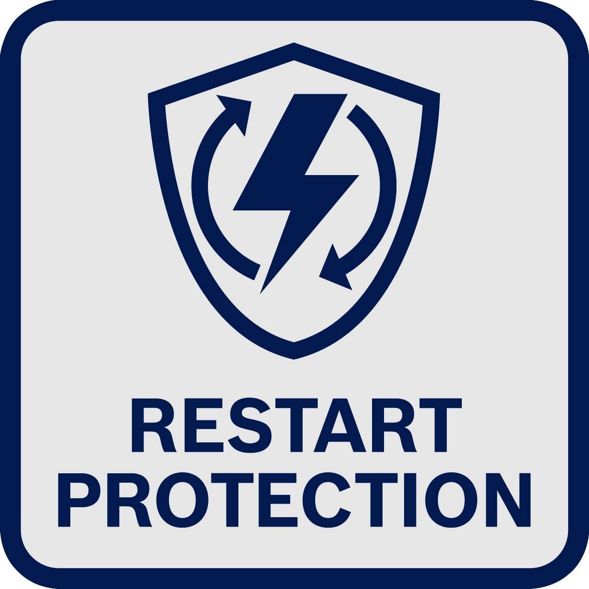 Das Bild zeigt ein Schild mit dem Text 'Restart Protection' und einem Blitzsymbol in einem kreisförmigen Pfeil.
