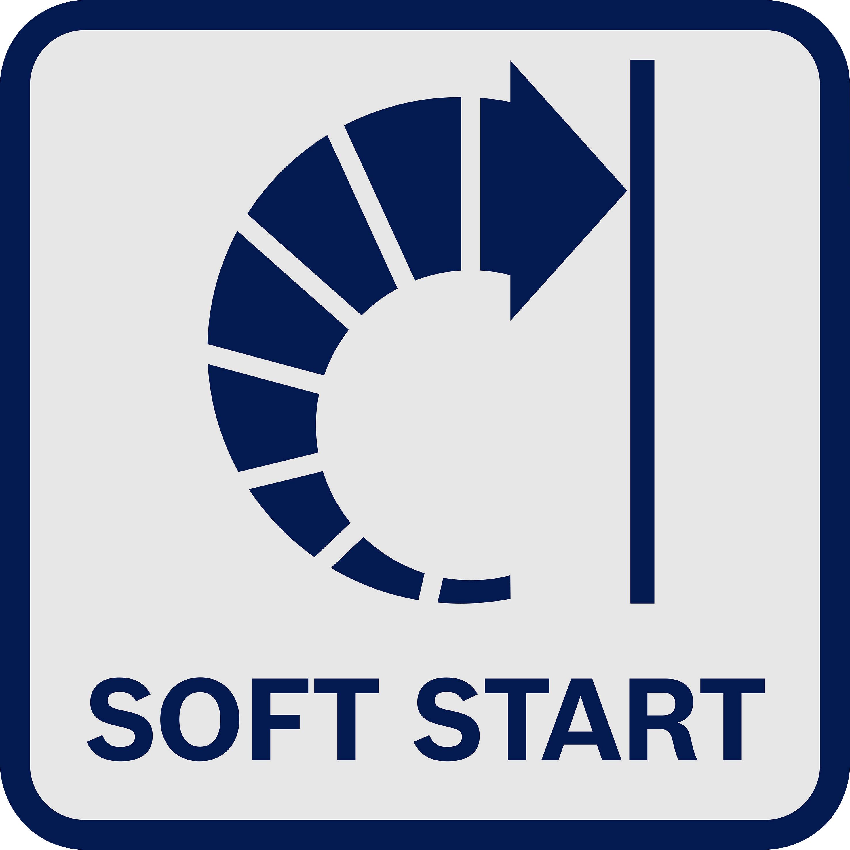 Ein Symbol mit einem Pfeil und Halbkreisdarstellung zeigt eine 'Soft Start'-Funktion an, die einen sanften Anlaufprozess signalisiert.
