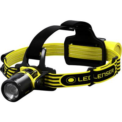 Schwarze und gelbe Stirnlampe mit verstellbarem Band und LED-Leuchte, Markenlogo 'LED Lenser' auf einem gelben Streifen.