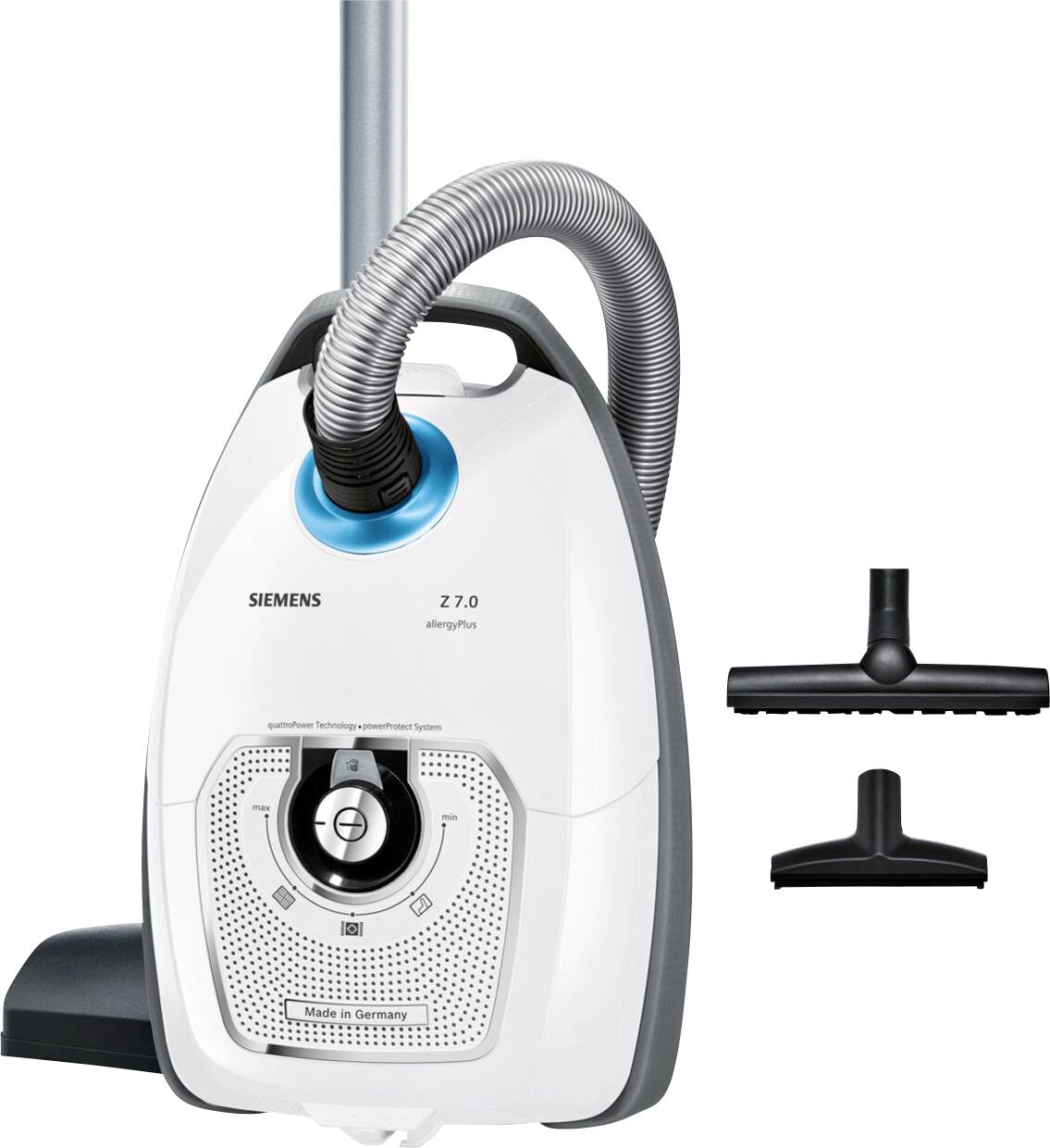Staubsauger von Siemens mit Saugrohr und zwei Düsenaufsätzen. Klassisches Design, Marke 'Siemens', Modell 'Z 7.0 AllergyPlus'.