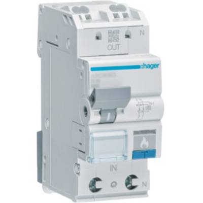 Ein grauer elektrischer Schutzschalter mit blauer Linie, markiert mit 'OUT' und 'IN', hat unten einen blauen Hebel.