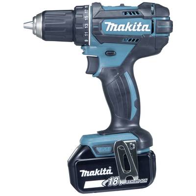 Ein schnurloser Bohrschrauber von Makita mit 18V Lithium-Ionen-Batterie, schwarzem und blauem Gehäuse, geeignet für Heim- und Profieinsätze.