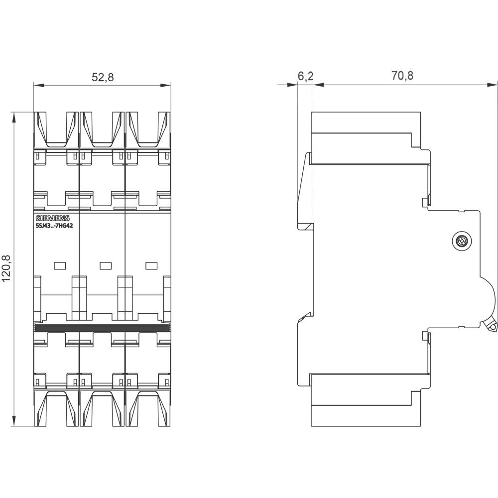 Technische Zeichnung eines Sicherungsautomaten mit den angegebenen Maßen: Breite 52,8 mm, Höhe 120,8 mm, Tiefe 70,8 mm.