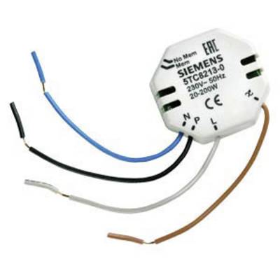 Kleiner elektronischer Dimmer von Siemens mit Kabeln in verschiedenen Farben. Beschriftung zeigt Modellnummer und elektrische Spezifikationen.