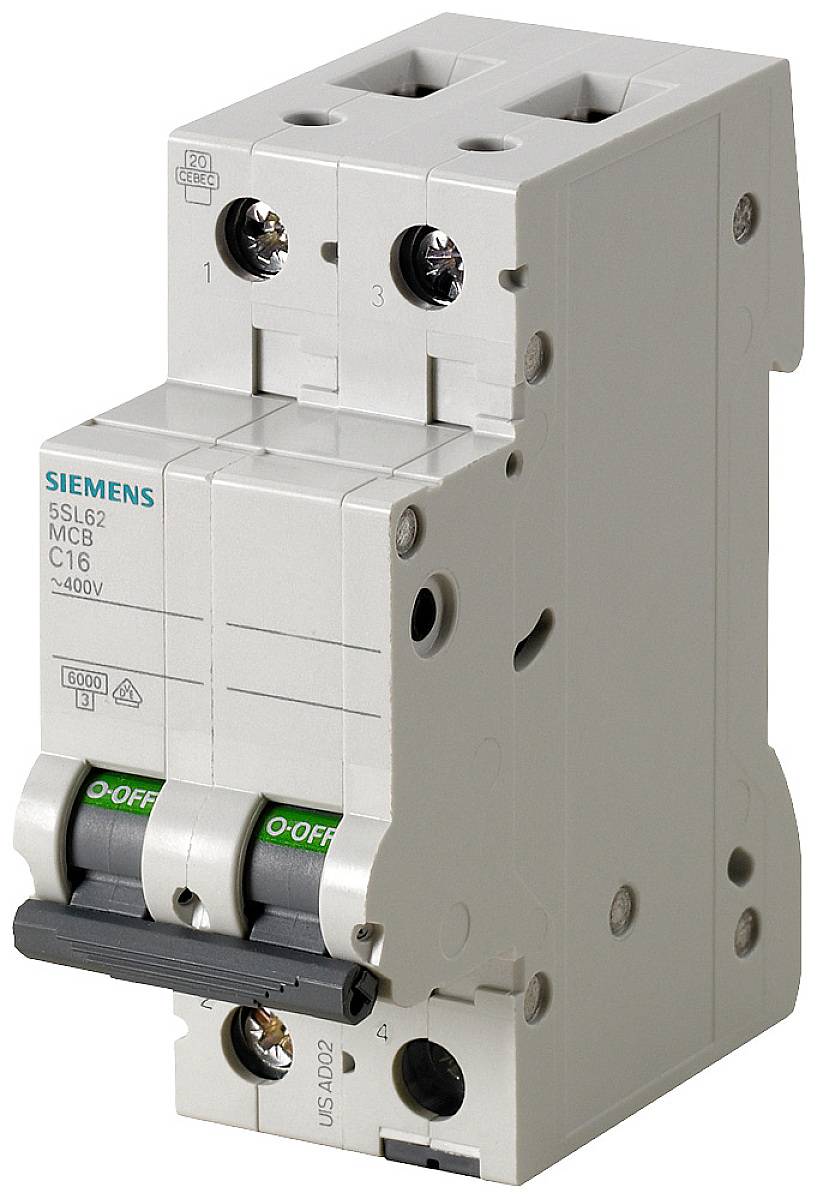 Ein 'Siemens' Sicherungsautomat, Modell 5SL6, mit Kippschaltern auf der Vorderseite. Dient dem Schutz elektrischer Stromkreise.