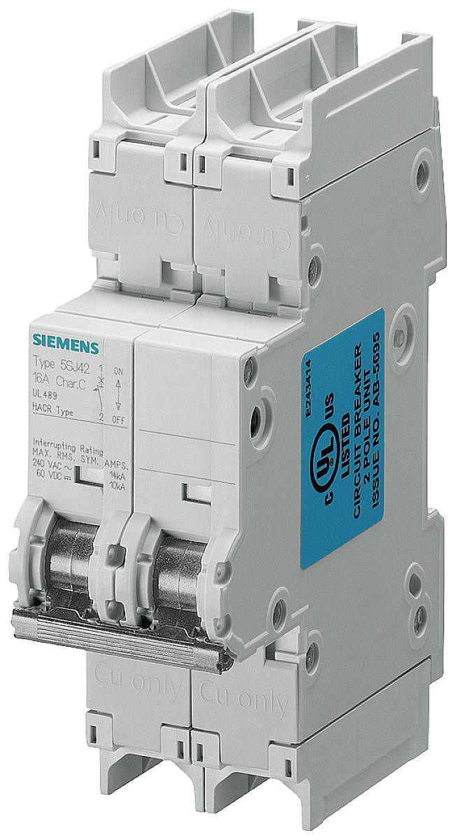Ein zweipoliger Siemens-Kreisunterbrecher mit blauer Beschriftung zur Steuerung von elektrischen Stromkreisen, UL- und CSA-zertifiziert.