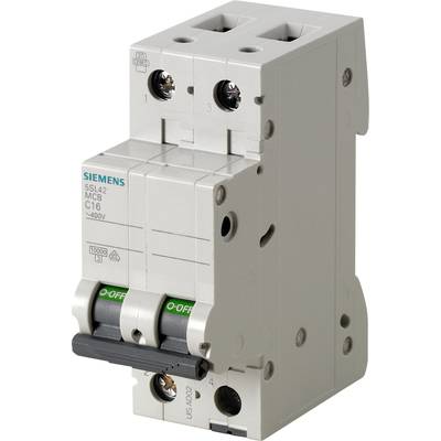 Ein Siemens-Leitungsschutzschalter mit zwei Schaltkreisen, gekennzeichnet mit 'MCB C16 5SL42', geeignet für bis zu 400V.