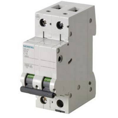 'Sicherungsschalter Siemens 5SL4, 10 Ampere, zwei Schalter mit grünem "ON" und rotem "OFF"-Indikator, graues Gehäuse.'