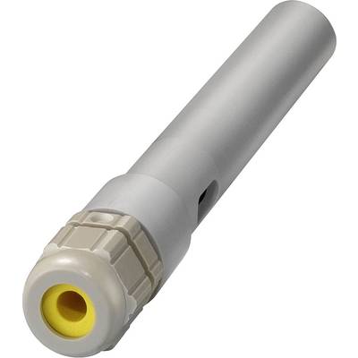 Ein grauer zylindrischer Steckverbinder mit gelbem Innenring und geripptem Anschlussende, verwendet in Verbindungstechnik.