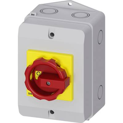 Grauer Hauptschalterkasten mit rotem Drehgriff auf gelbem Hintergrund, für elektrische Sicherheitsabschaltung vorgesehen.