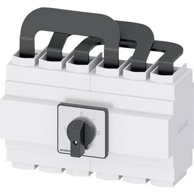 Ein elektrischer Lasttrennschalter mit einem Drehknopf zur Steuerung, montiert auf einer weißen Basis. Schalterpositionen: 0, 1, 2.