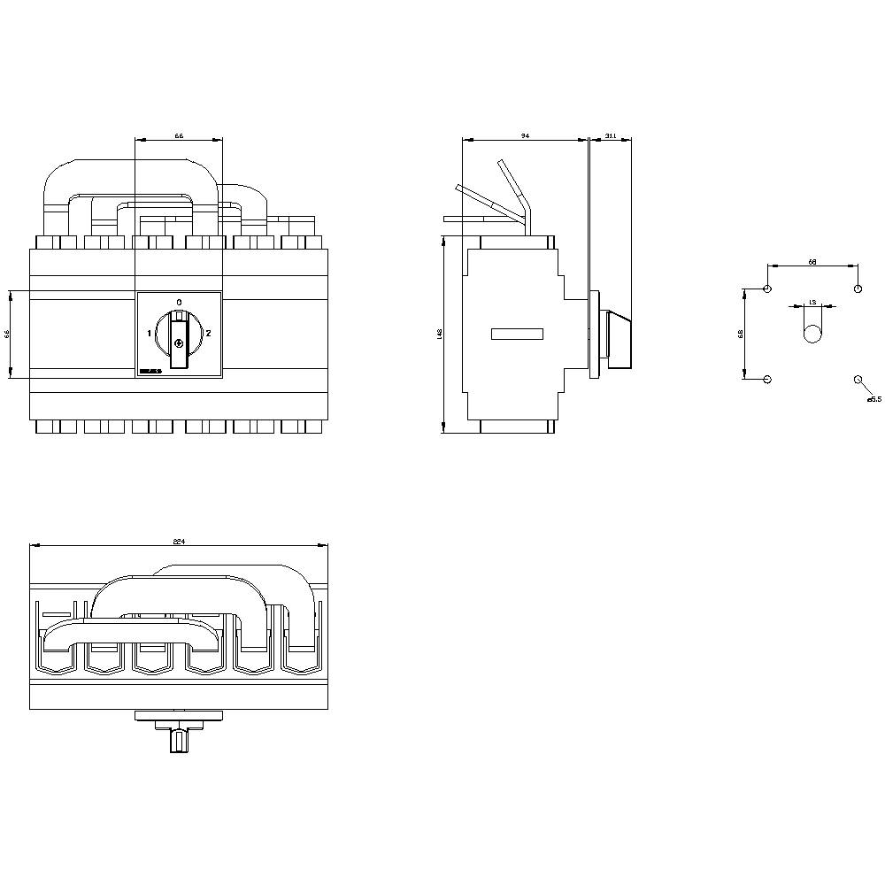 Technische Zeichnung eines mechanischen Bauteils mit mehreren Ansichten und Bemaßungen. Zeigt Draufsicht, Seitenansicht und Schaltbild.