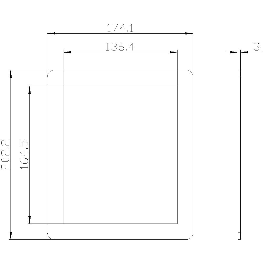 Technische Zeichnung: Vorderansicht und Seitenansicht eines rechteckigen Gegenstands mit Abmessungen. Maße: 174,1 x 136,4 mm.