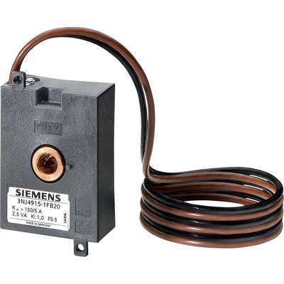 Schwarzer Stromwandler mit braunem, gewundenem Kabel. Etikett zeigt Marke 'Siemens', Modellnummer '3NJ4/915-1FB20' und technische Spezifikationen.