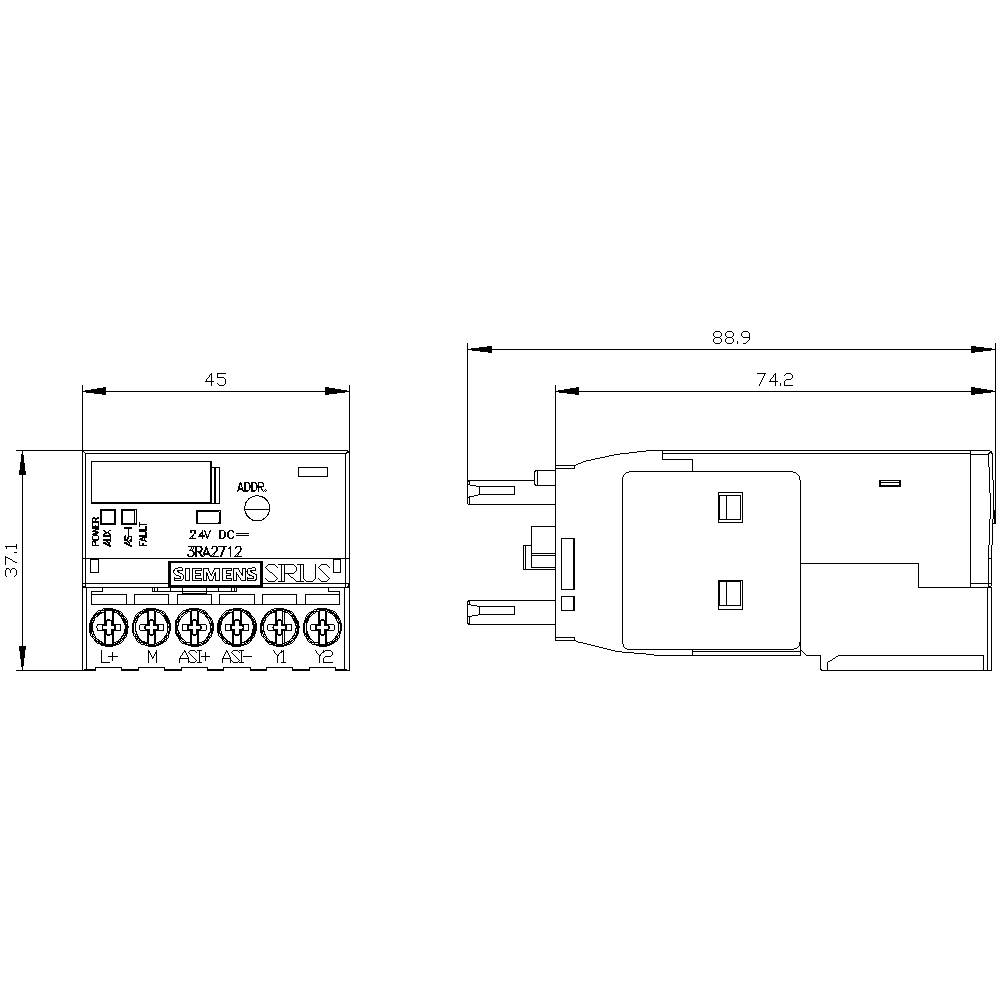 Technische Zeichnung eines Relaismoduls mit Maßen: Breite 45 mm, Höhe 37,1 mm, Tiefe 88,9 mm. Zeigt Anschlüsse und Seitenansicht.