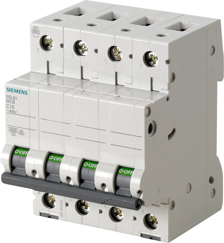 'Ein vierpoliger Siemens-Leistungsschutzschalter C16 zur Steuerung und zum Schutz von elektrischen Stromkreisen.'