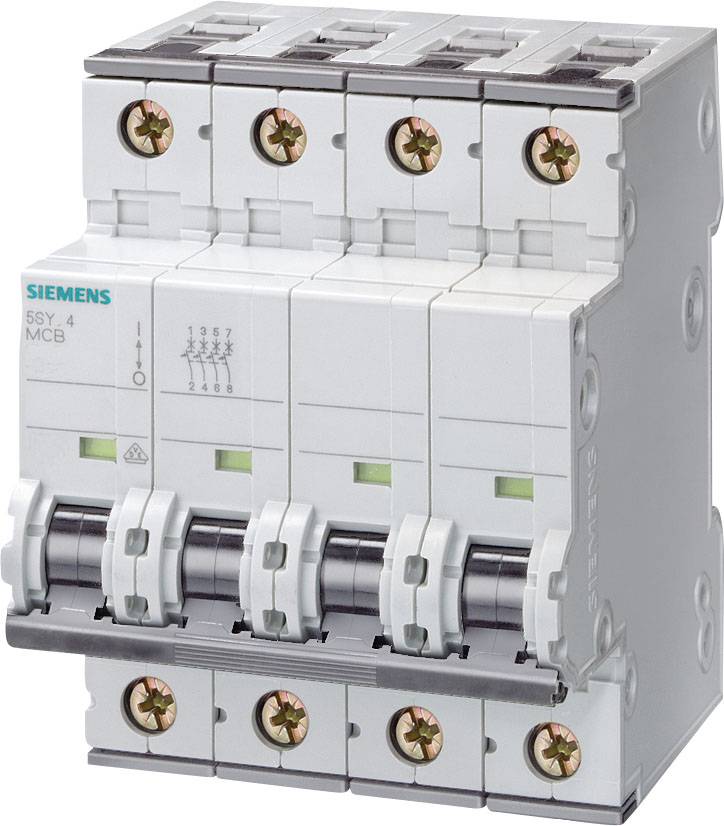 'Ein vierpoliger Siemens Miniatur-Leistungsschalter, Modell 5SY4, zeigt Schalter und technische Symbole auf der Vorderseite.'