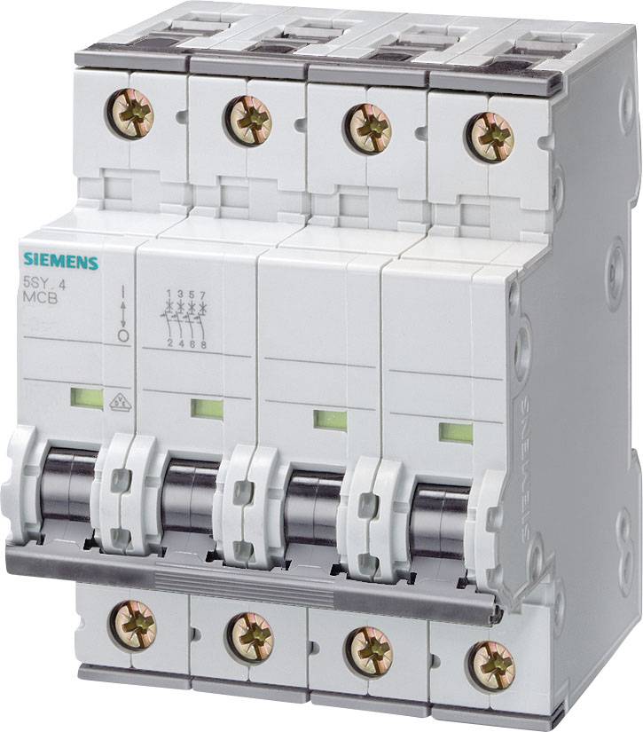 Ein vierpoliger Siemens-Leitungsschutzschalter (MCB) zur Sicherung von elektrischen Stromkreisen, zeigt Kippschalter und Anschlussklemmen.