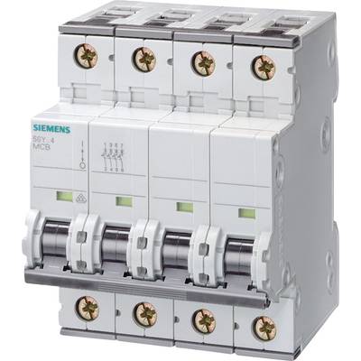 Ein vierpoliger Siemens-Leitungsschutzschalter (MCB) zur Sicherung von elektrischen Stromkreisen, zeigt Kippschalter und Anschlussklemmen.