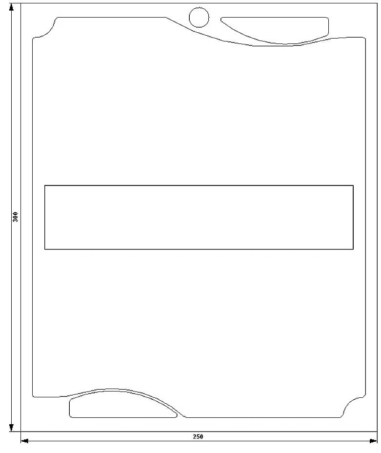 Technische Zeichnung eines rechteckigen Objekts mit unregelmäßigen Kanten und Maßen: 350 x 250 mm.
