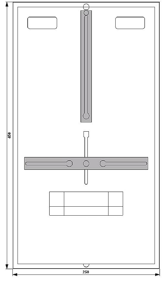 Technische Zeichnung eines rechteckigen Tischplans mit Maßen: 250 mm Breite, 484 mm Höhe, zeigt zentrale Punkte und Linien.