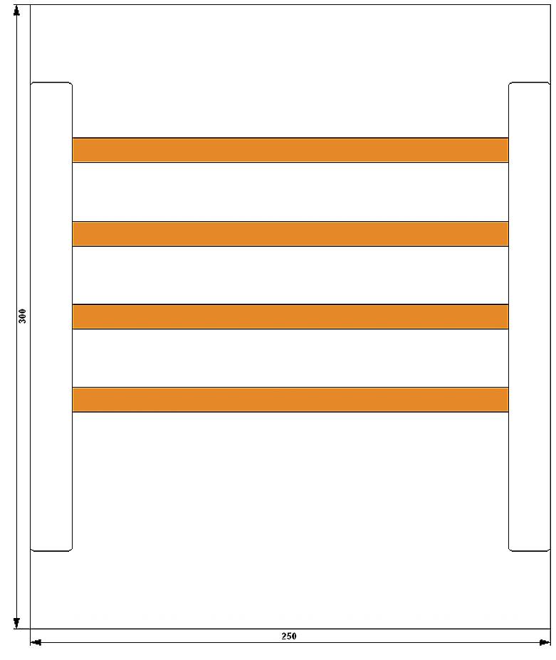 Technische Zeichnung einer Leiter mit vier orangefarbenen Sprossen und einer Größe von 250 x 350 Einheiten. Maßangaben an den Seiten.