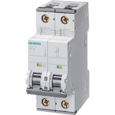 Ein doppelter Sicherungsautomat von Siemens, Typ 5SY, mit zwei Schaltern und vier Schraubanschlüssen, typisches Zubehör für elektrische Verteilerkästen.