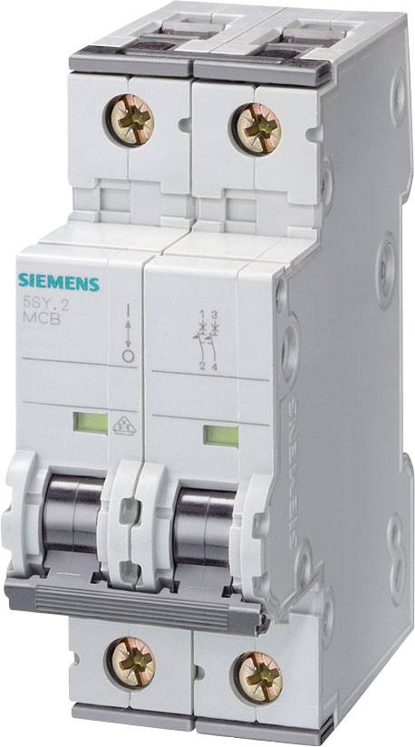 Ein weißer Sicherungsautomat von Siemens mit zwei Kippschaltern und Anzeigen für den Stromkreisstatus.