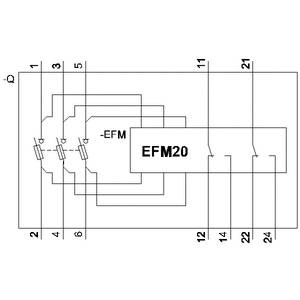 Schaltplan eines EFM20 Moduls mit Verbindungen und nummerierten Anschlüssen. Zeigt elektrische Schaltung und Verbindungspunkte.