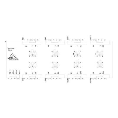 'AS-i Box: Slave'-Diagramm zeigt 8 Ports mit Pinbelegungen; verwendet für industrielle Netzwerke. Oben und unten beschriftet.