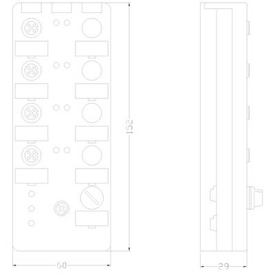 Technische Zeichnung eines rechteckigen Steckverteilers mit Maßen: Breite 60 mm, Höhe 152 mm, Tiefe 29 mm, zeigt Anschlüsse und Seitenansicht.