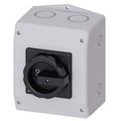 Grauer elektrischer Drehschalter in rechteckigem Gehäuse, zeigt Aus-Position an. Rechteckiges, industrielles Design.