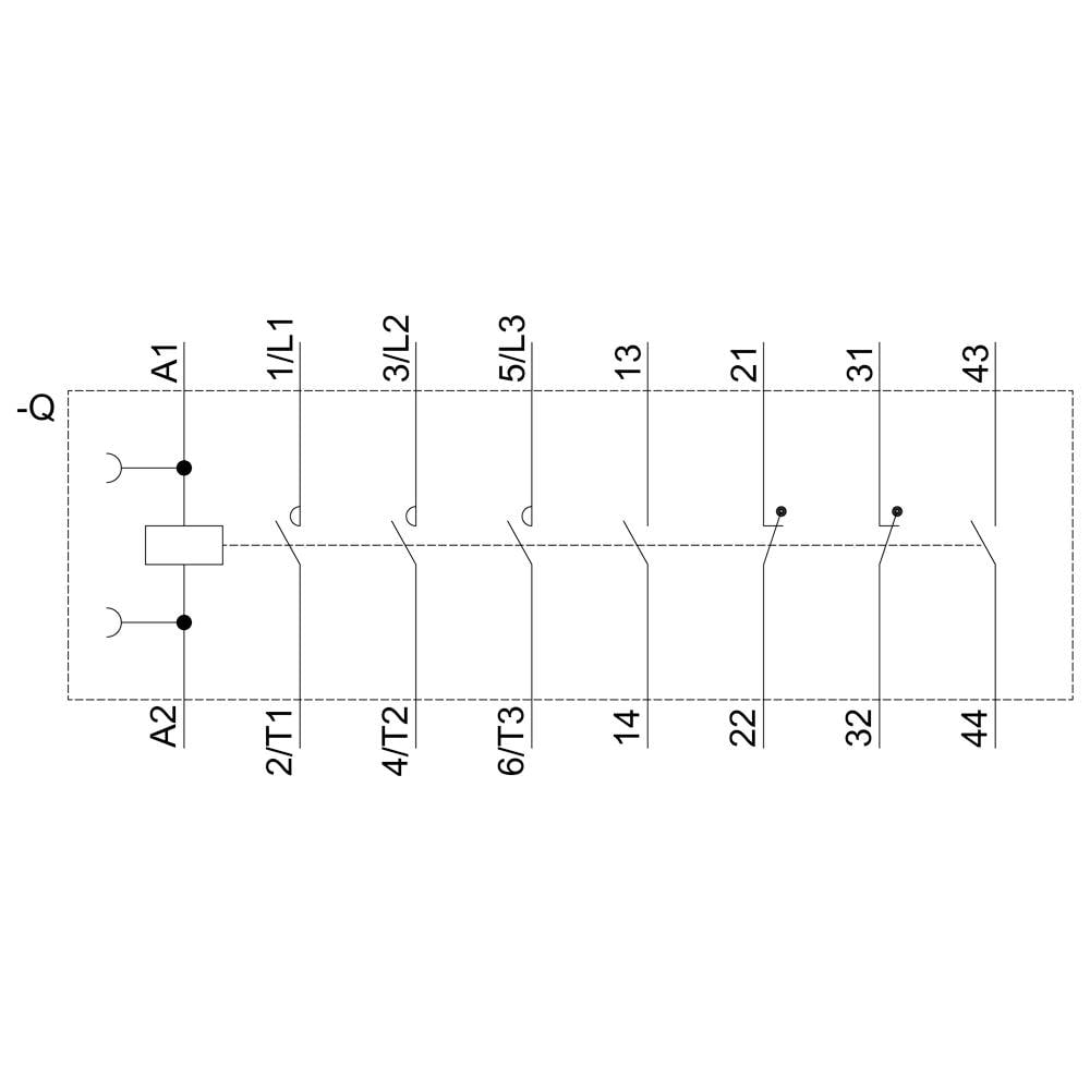 Schaltplan eines elektrischen Stromkreises mit sechs nummerierten Verbindungen (11/12/13, 21/22, 31/32, 43/44, 1L1/2T1, 5L3/6T3) und zwei Spulen (A1/A2).