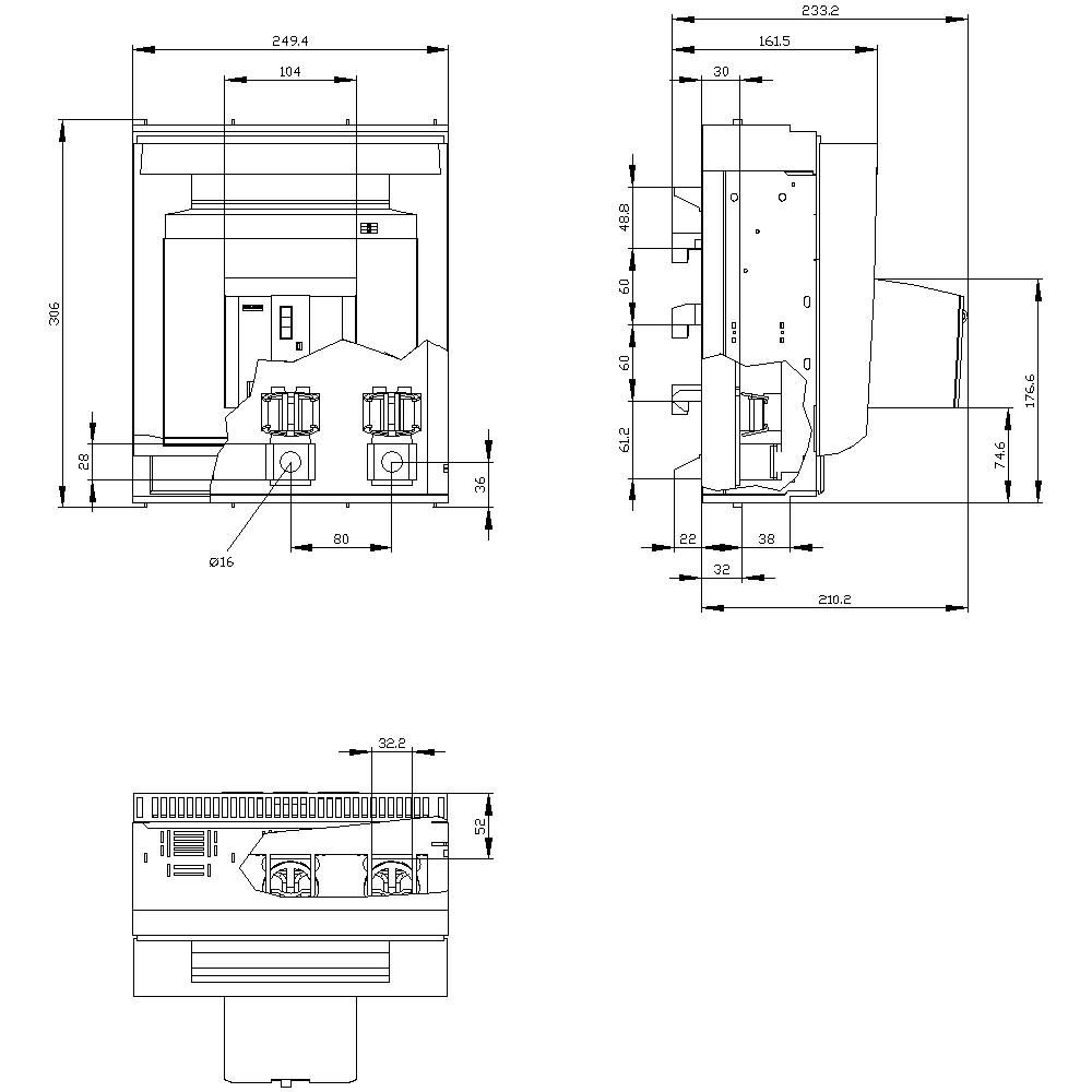 Technische Zeichnung eines elektromechanischen Geräts mit seitlichen und frontalen Ansichten. Es zeigt detaillierte Maße und Anschlüsse.