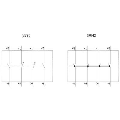 Diagramm zeigt zwei Reihen von Schaltkontakten, 3RT2 und 3RH2. Jede Reihe hat vier nummerierte Kontakte mit unterschiedlichen Verbindungspositionen.