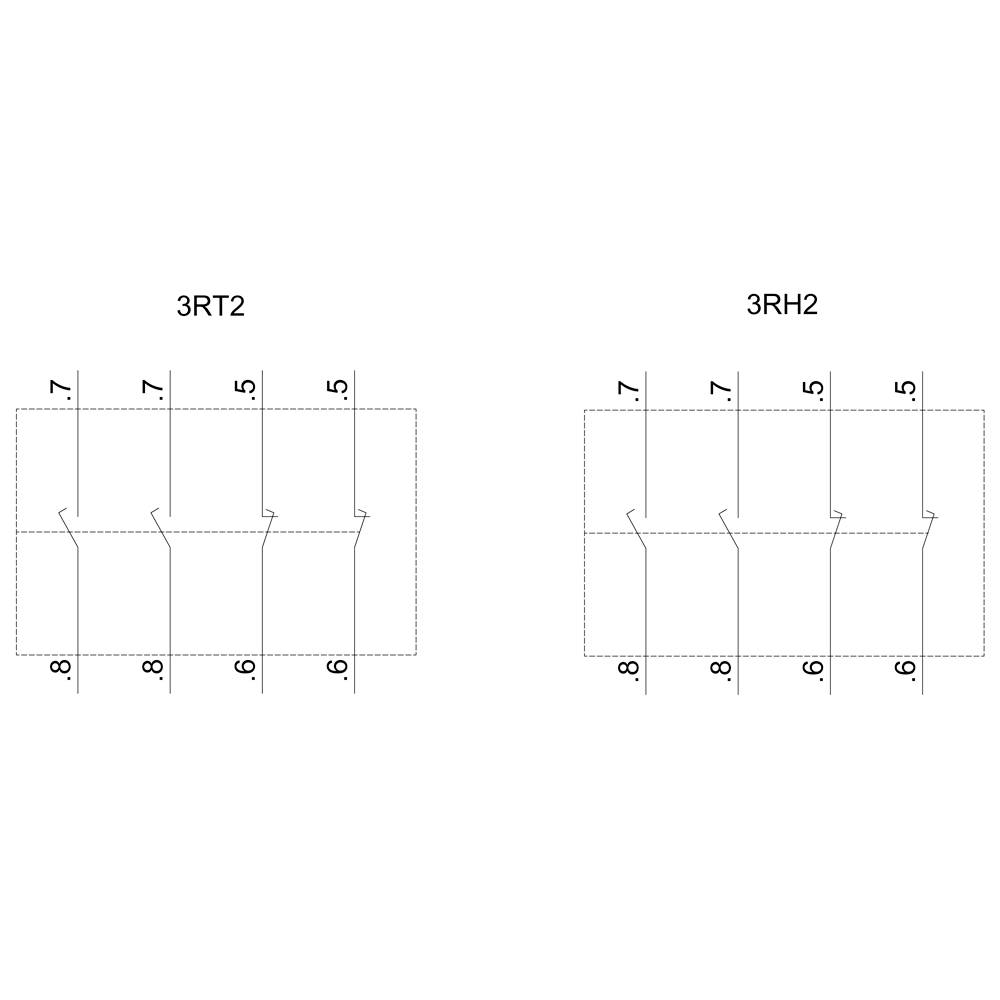 Zwei technische Zeichnungen von Elektroteilen, 3RT2 links und 3RH2 rechts, zeigen detaillierte Abmessungen von 5 bis 8 auf der vertikalen Skala.