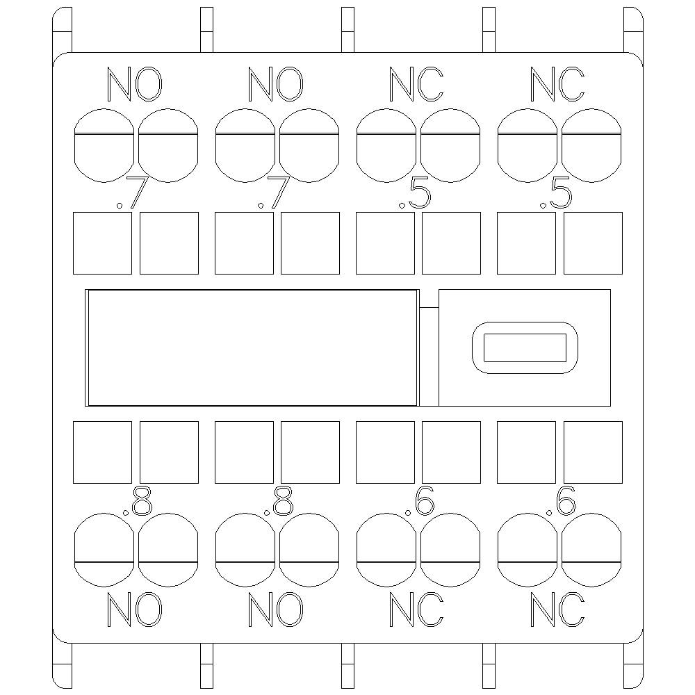 Elektrisches Schaltplanlayout mit mehreren Anschlüssen, beschriftet als 'NO' (Normally Open) und 'NC' (Normally Closed) zusammen mit Zahlen.