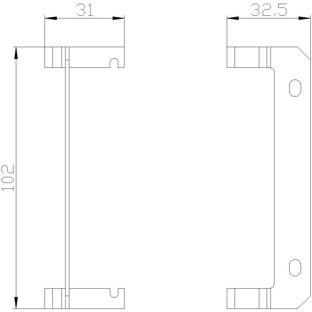 Technische Zeichnung eines Metallwinkels mit Maßen: Höhe 102 mm, zwei rechte Winkel mit 31 mm und 32,5 mm Breite.