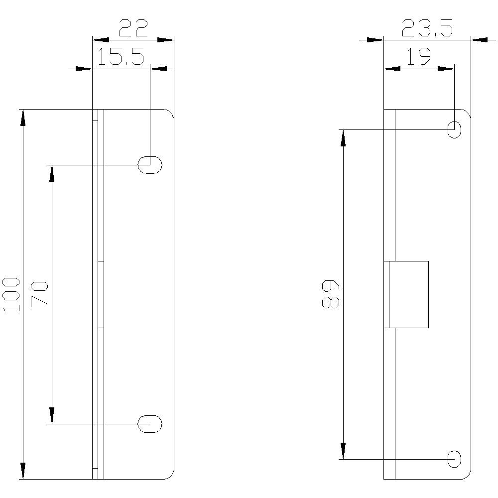 Technische Zeichnung zweier rechteckiger Metallplatten mit präzisen Abmessungen: links 100 x 22 mm, rechts 68 x 23,5 mm.