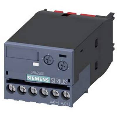Elektronisches Gerät mit der Aufschrift 'SIEMENS SIRIUS', Modelnummer 3RA2831. Zeigt Anschlüsse und zwei Drehregler an der Vorderseite.
