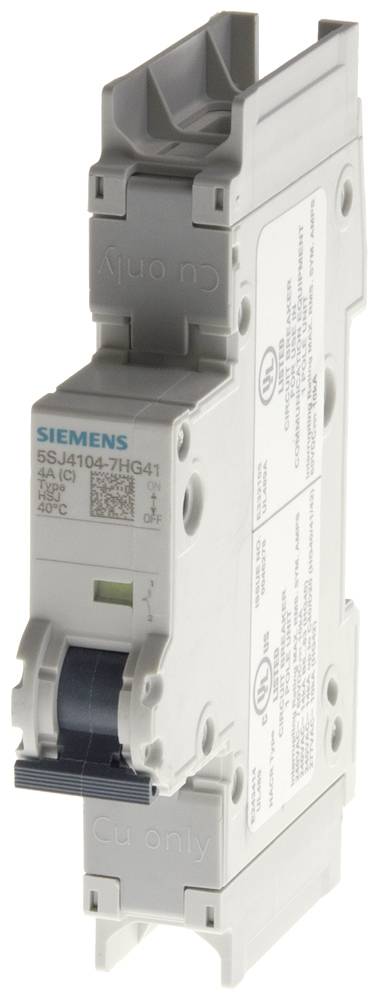 Ein Siemens-Leistungsschalter, Modellnummer 5SJ4104-7HG41, mit technischen Details auf dem Aufkleber, in grauer Gehäusefarbe.