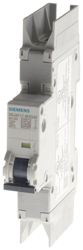 'Sicherungsautomat der Marke Siemens, Modellnummer 5SJ4111-8HG42, in isoliertem Gehäuse. Für elektrische Schutzschaltungen geeignet.'