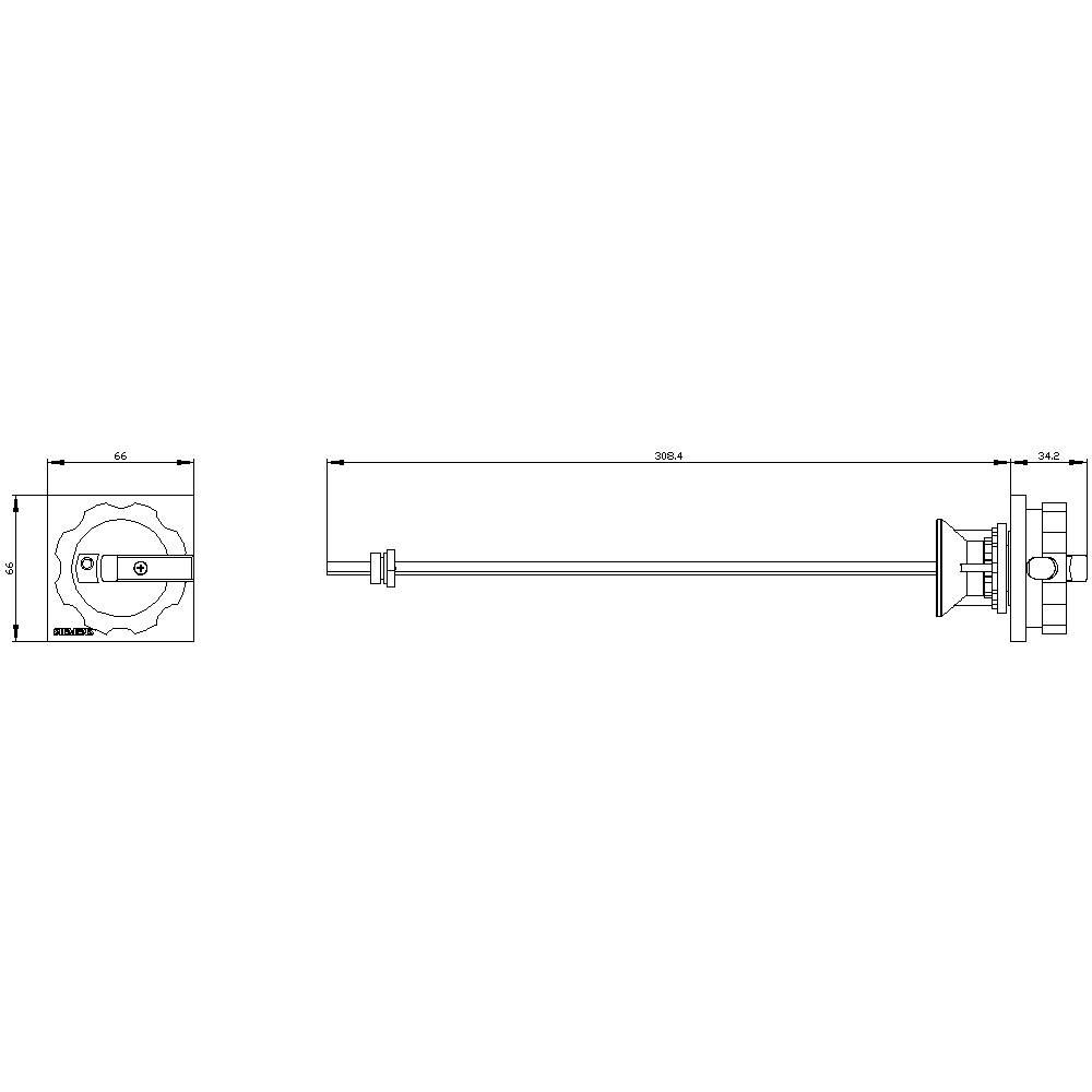 'Technische Zeichnung eines mechanischen Bauteils. Zeigt Abmessungen 66 mm Breite und 305,4 mm Länge der Stange mit Befestigung.'