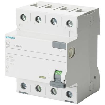 Ein Schutzschalter von Siemens, 63A, 30mA, mit grünem 'OFF'-Schalter und Testknopf. Verwendet zur Unterbrechung von Stromkreisen.