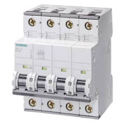 Ein vierpoliger Leistungsschalter der Marke Siemens, Modell 5SJ4. Er ist für den Schutz elektrischer Stromkreise konzipiert.