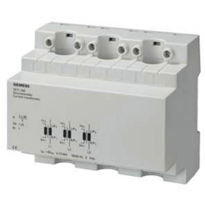 Ein weißer Stromwandler von Siemens mit vier Klemmen oben und detaillierten Bezeichnungen auf der Vorderseite; zur Messung von elektrischen Strömen.